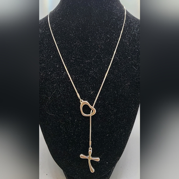 Premier Designs Lariat Abstract Heart Cross Silver Tone Necklace Adjustable 18" - Picture 1 of 7